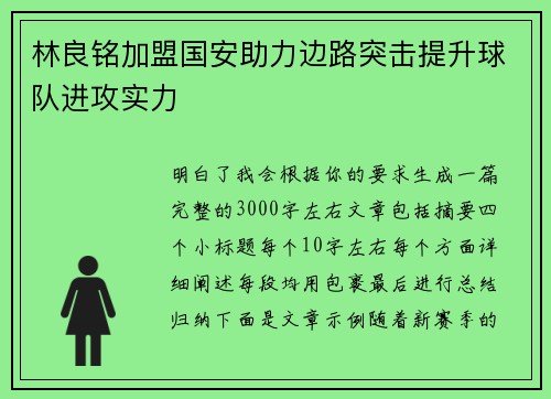 林良铭加盟国安助力边路突击提升球队进攻实力